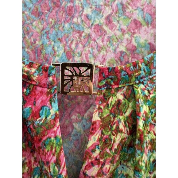 Anne Klein Womens Faux Wrap Blouse L Multicolor 3/4 Sleeve Abstract Peacock Work - Picture 4 of 15